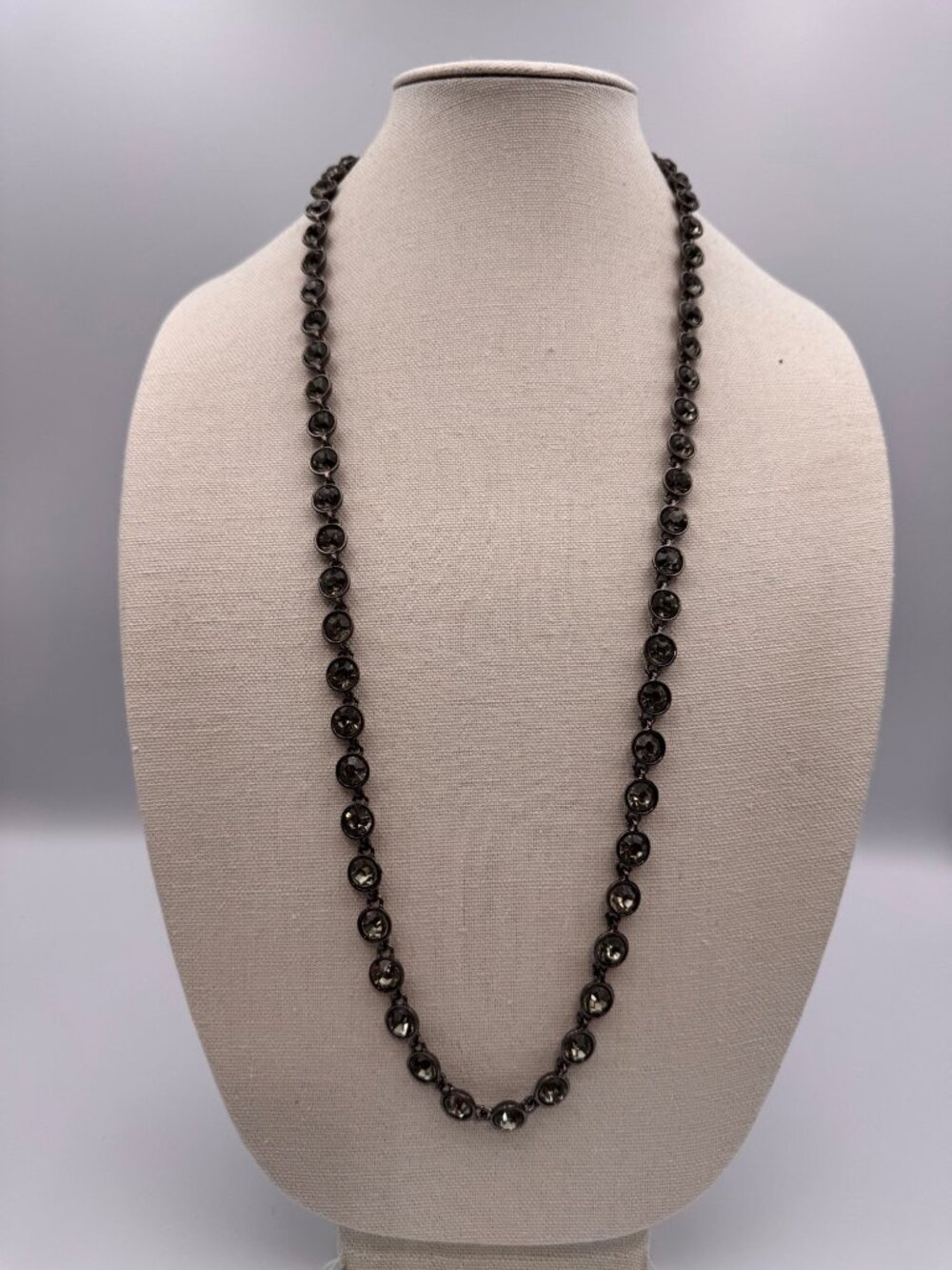 Vintage Gunmetal Smoky Crystal Rivière Necklace 34” Long Statement Jewelry
